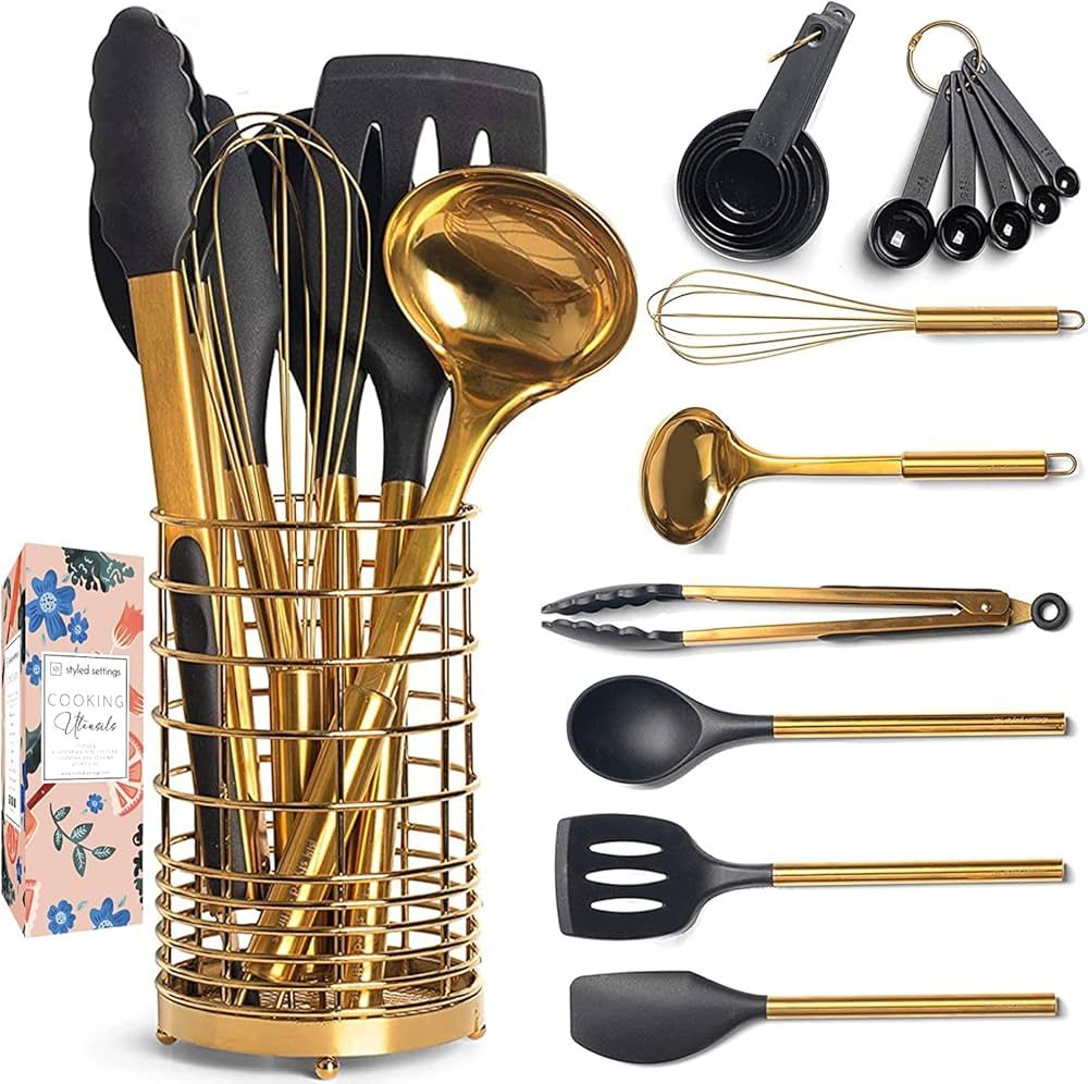 Black and Gold Kitchen Utensils with Gold Utensil Holder -17PC Gold Cooking Utensils Set Includes... | Amazon (US)