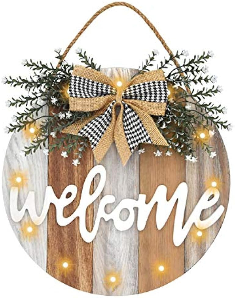 AUING Welcome Sign Front Door Decor Farmhouse Front Porch Decor Wooden Wall Sign with 12 LED Ligh... | Amazon (US)