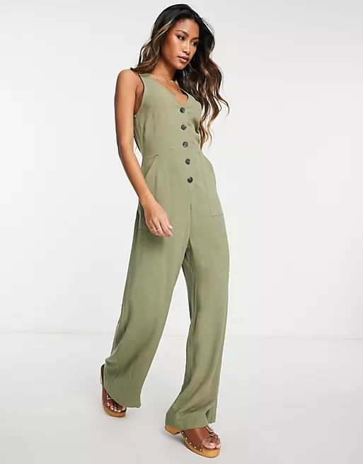 Topshop utility pocket casual jumpsuit in khaki | ASOS (Global)