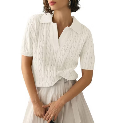 BLUEMING Elegant Women's V Neck Lapel Short Sleeve Cable Knit Sweater Top Breathable Pullover Casual V Neck Tee White M | Target