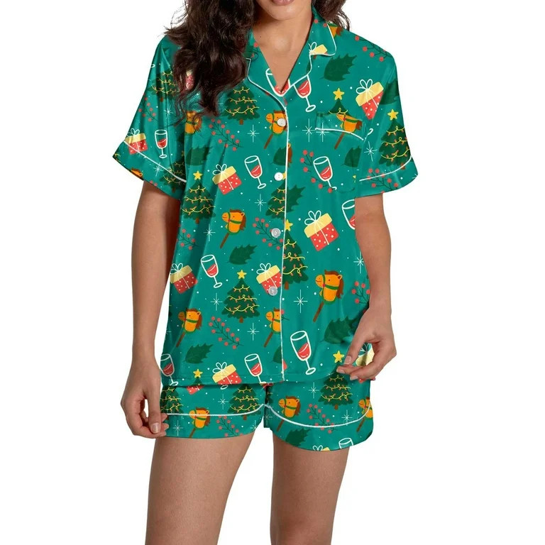 Christmas Green Pajamas for Women Set Women Pajamas Graphic Printed Silk Satin Cute Sleepwear But... | Walmart (US)