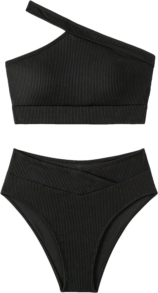 GORGLITTER Women's One Shoulder Swimsuit High Waisted Ribbed Knit Bikini Set Bathing Suit | Amazon (CA)