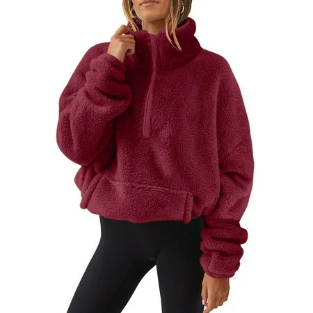 Dezsed Womens Half Zip Sherpa Fleece Sweatshirts Cropped Turtleneck Pullover Soft Oversized Warm Fuzzy Sweater with Pockets Wine S | Walmart (US)