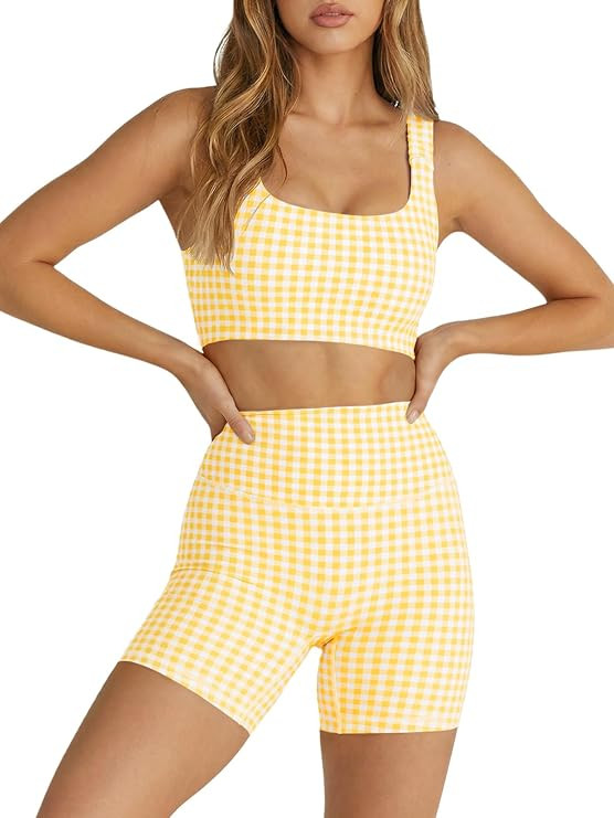 Aoysky Womens Workout Gingham 2 Piece Outfits Padded Open Back Crop Tank High Waist Sports Shorts... | Amazon (US)