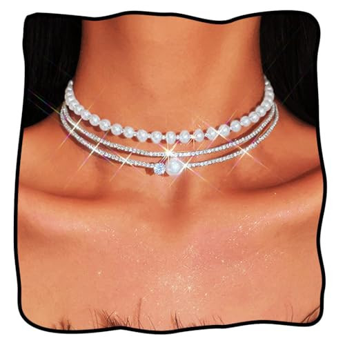 JEAIRTS Layered Pearl Rhinestone Choker Necklace Silver Wedding Prom Crystal Jewelry for Women | Amazon (US)