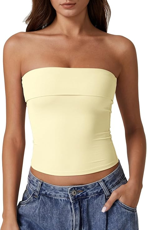 QINSEN Women's Tube Tops Strapless Bandeau Tops Double Lined Slim Fit Summer Going Out Tank Tops | Amazon (US)