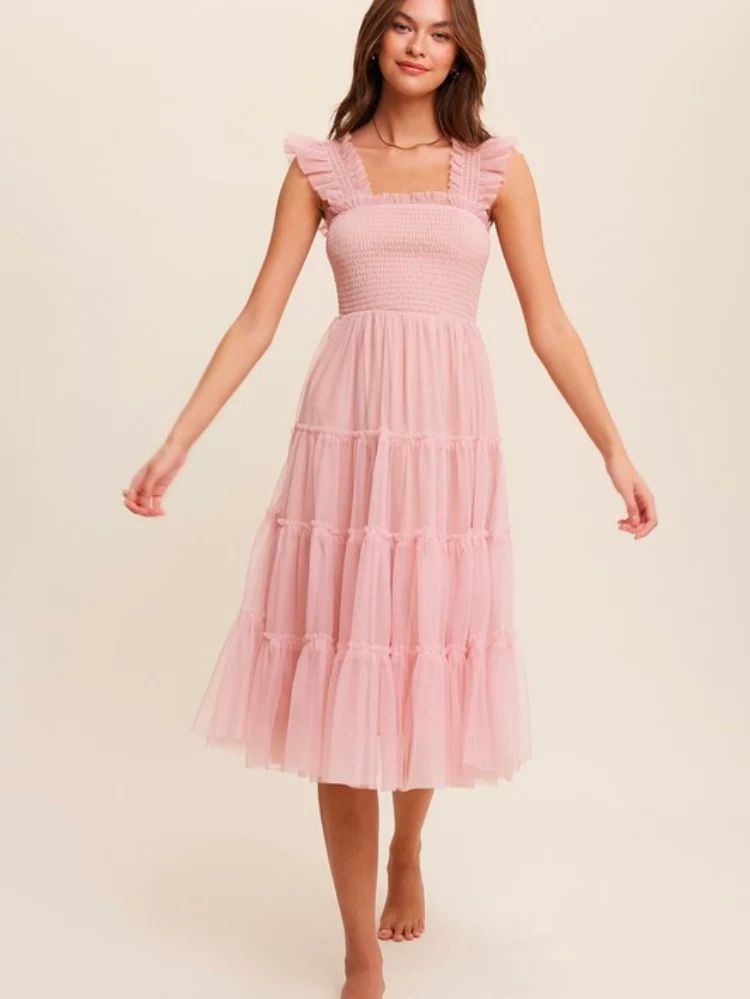 Fiori Short Pink Tulle Tiered Midi Dress | Confête