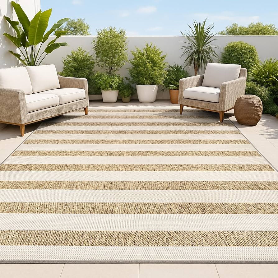 JONATHAN Y Wide Stripe Indoor Outdoor Area Rug 3X5 Beige/Brown, Aveiro for Backyard, Patio, Porch... | Amazon (US)
