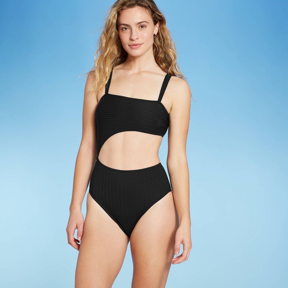 Women's Ribbed Cut Out One Piece Swimsuit - Shade & Shore Black L | Target