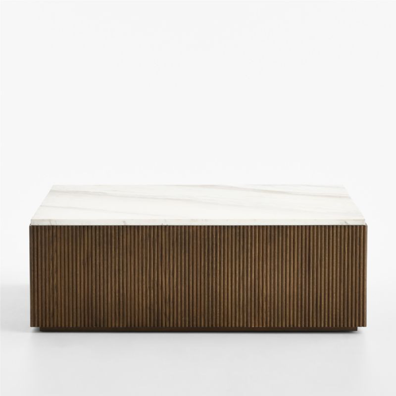 Troupe Marble and Oak Wood Ribbed 44"" Square Coffee Table | Crate & Barrel