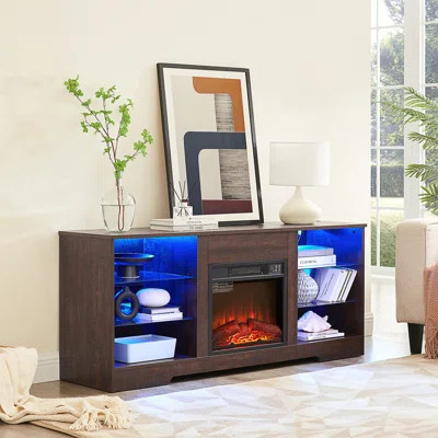 TV Stand Electric Fireplace TV Stand With Glass Shelves, 3D Fireplace TV Stand With LED Lights Wood With USB Charging Outlet Modern Television Table C | Wayfair North America
