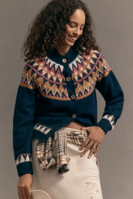 Pilcro Crew-Neck Cozy Fairisle Cardigan Sweater | Anthropologie (US)