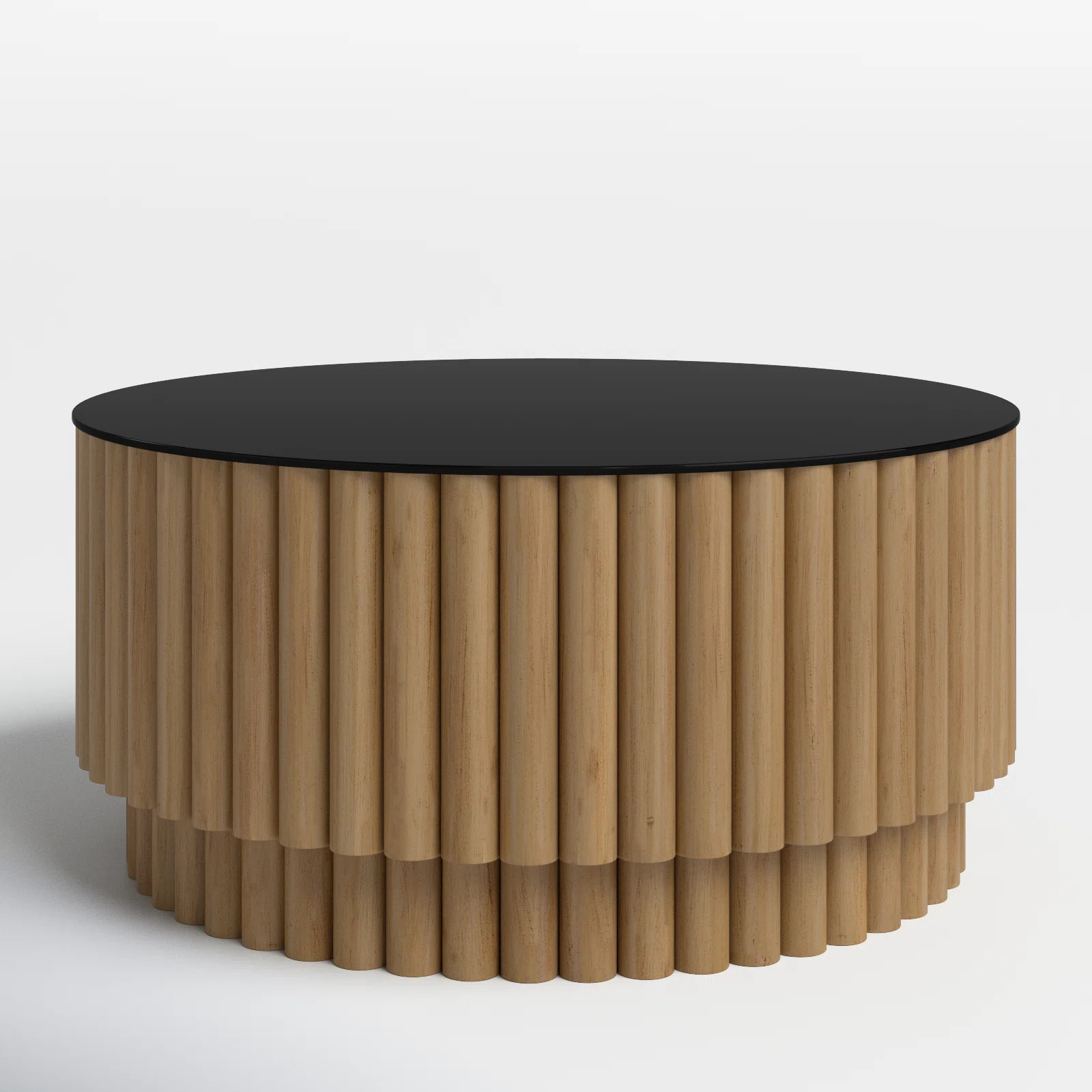 Fluted Barrel Coffee Table - Natural Pine Base - Black Glass Top | Wayfair North America
