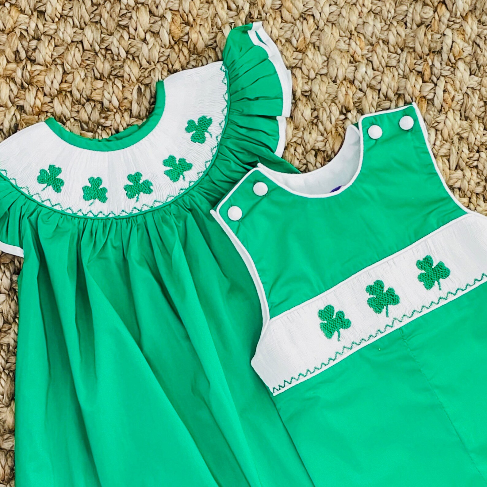 Shamrock Smocked Dress in Solid Green- St. Patrick's Day, Bishop Style, Flutter Sleeve, Baby Girl... | Etsy (US)