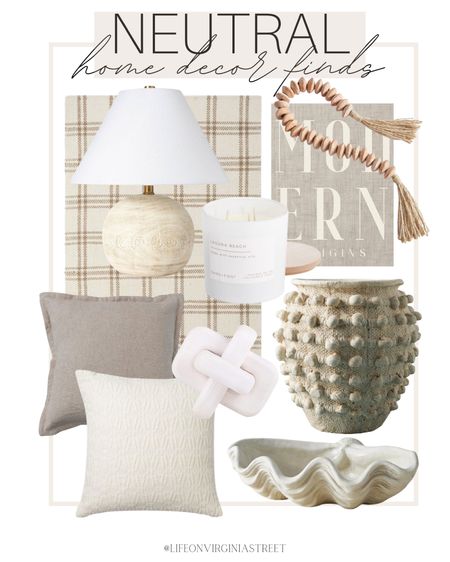 Neutral home decor finds! This includes these neutral throw pillows, table lamp, area rug, coffee table book, beads, ceramic shell, candle, vase, and wood knot decor.

neutral home decor, home decor, amazon home decor, pottery barn, anthropologie, coastal home decor, coastal style, coastal home, coastal finds, coastal decor, neutral decor, target, target finds, target home decor, studio mcgee, beach house decor

#LTKstyletip #LTKhome #LTKSeasonal