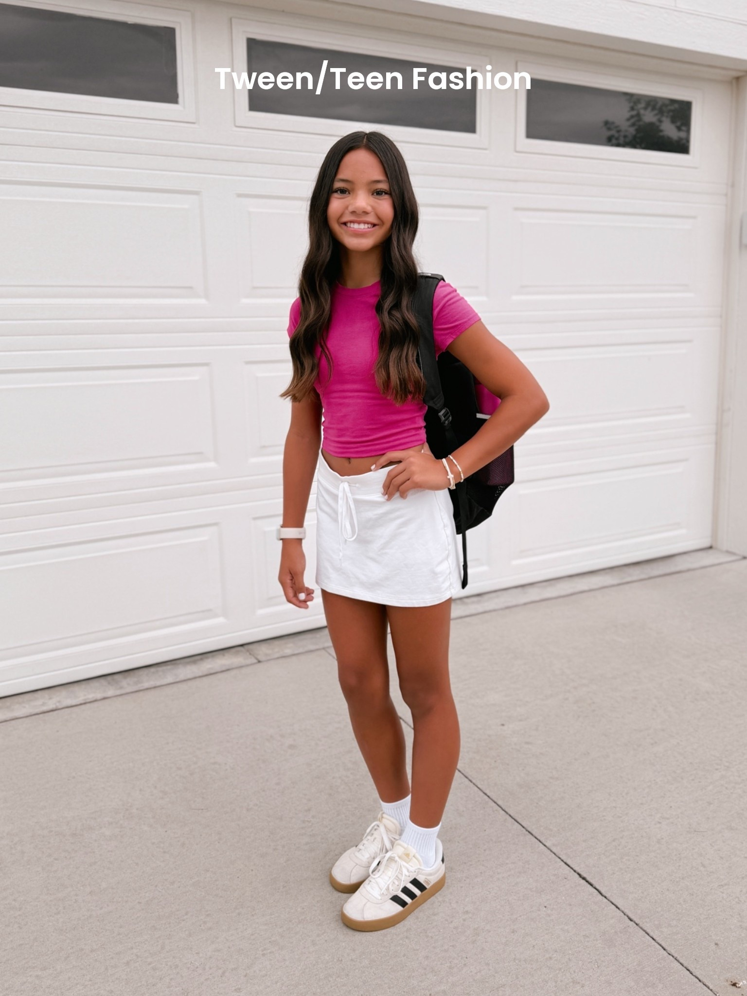 Tween and teen fashion! 5’1” wearing a size SMALL Garage pink top and size XXS Garage white skirt, adidas sneakers, Amazon cross bracelet, and Amazon crew socks. 

Girls fashion