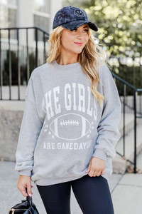 The Girls are Gamedaying Grey Oversized Graphic Sweatshirt | Pink Lily