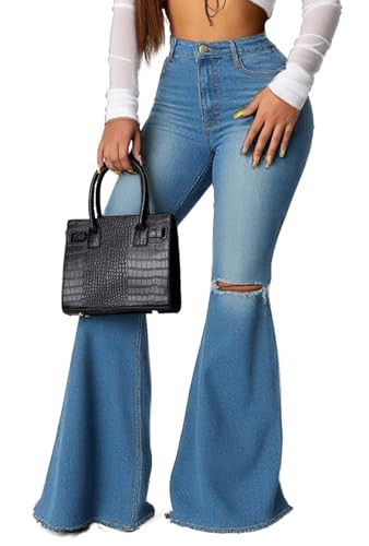 Bell Bottom Jeans for Women High Waist Frayed Ripped Hole Stretch Classic Retro Flare Jean Denim Pants Blue M | Amazon (US)