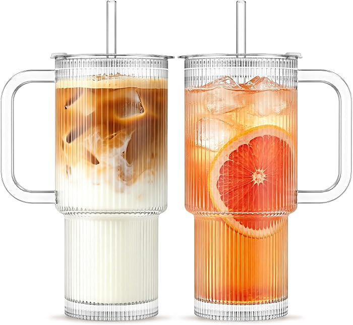 INSETLAN 24oz Ribbed Glass Tumbler with Handle & Lid \u2013 2-Pack Large Iced Coffee Cups with St... | Amazon (US)