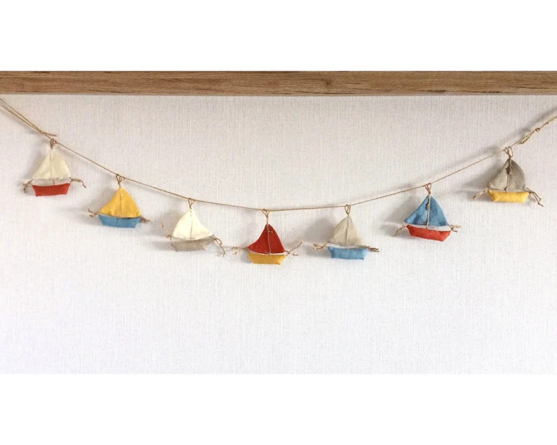 Terracotta Blue Gray Mustard Linen Boat Garland, Sail Boat Decor, Boat Wall Hanging - Etsy | Etsy (Global)