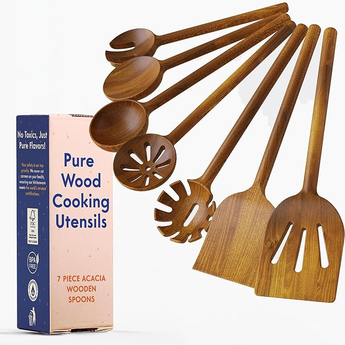 Non-Toxic Cooking Utensils – 7-Piece Kitchen Utensils Set, Glue-Free & One-Piece Wooden Spoons ... | Amazon (US)