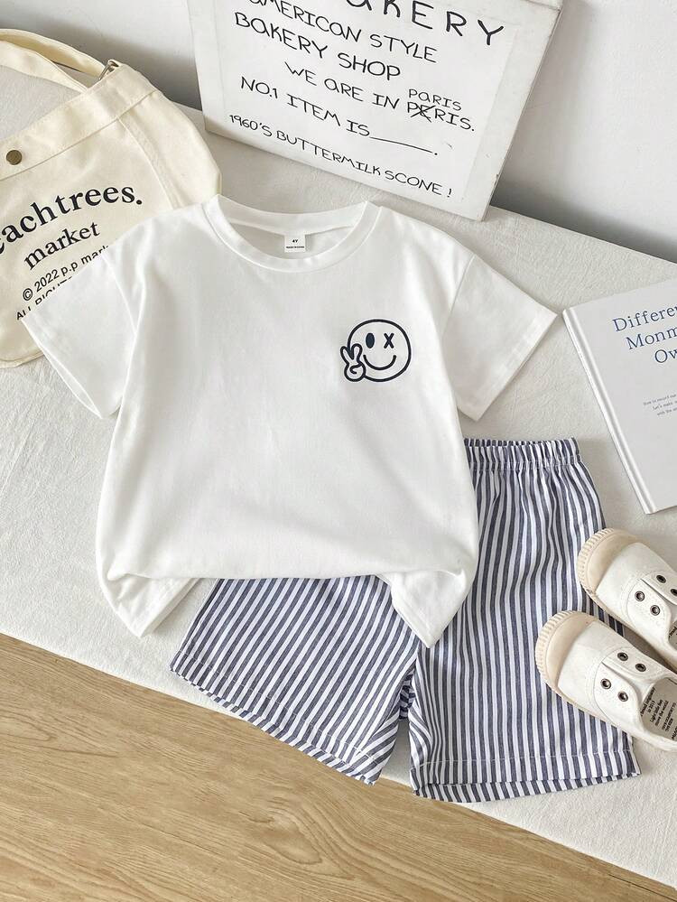 Playful Pals 2pcs/Set Toddler Boys' Casual Fashionable Comfortable Graphic Print Round Neck Ragla... | SHEIN