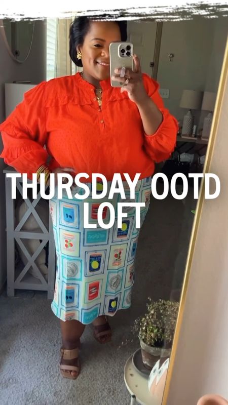 How fun is this outfit from LOFT! This satin midi skirt with the fun artwork is giving me Andy Warhol vibes 🖼️ 🍅 🐟 🍋 Wearing a XL in top and size 16 in the skirt. 

Workwear outfit / styling a midi skirt / red top / artsy / colorful outfits / color / love loft 

#LTKVideo #LTKmidsize #LTKstyletip