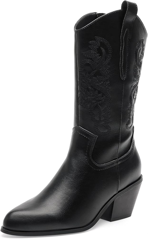 YETIER Cowboy Boots for Women Embroidered Western Booties Modern Cowgirl Mid Calf Boots Fashion Retr | Amazon (US)
