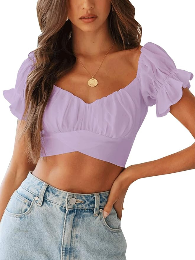 LYANER Women's Ruffle Short Sleeve Tie Up Back Crop Top Off Shoulder Bardot Blouse | Amazon (US)