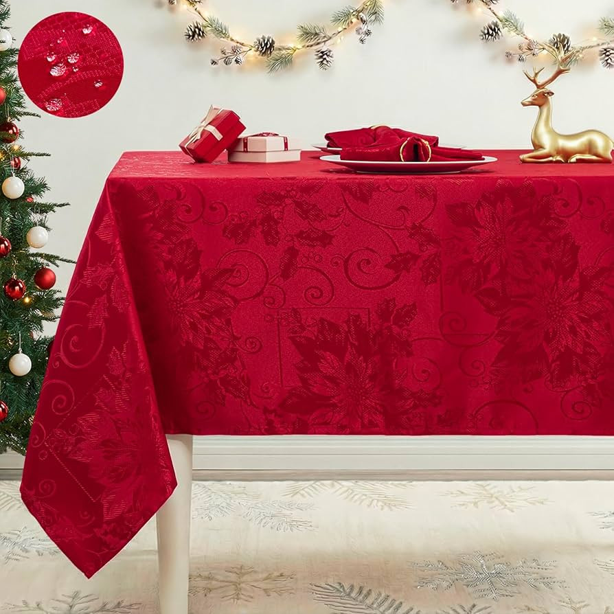 Christmas Tablecloth Rectangle, Poinsettia Jacquard Fabric Table Cloth, Waterproof & Wipeable Tab... | Amazon (US)