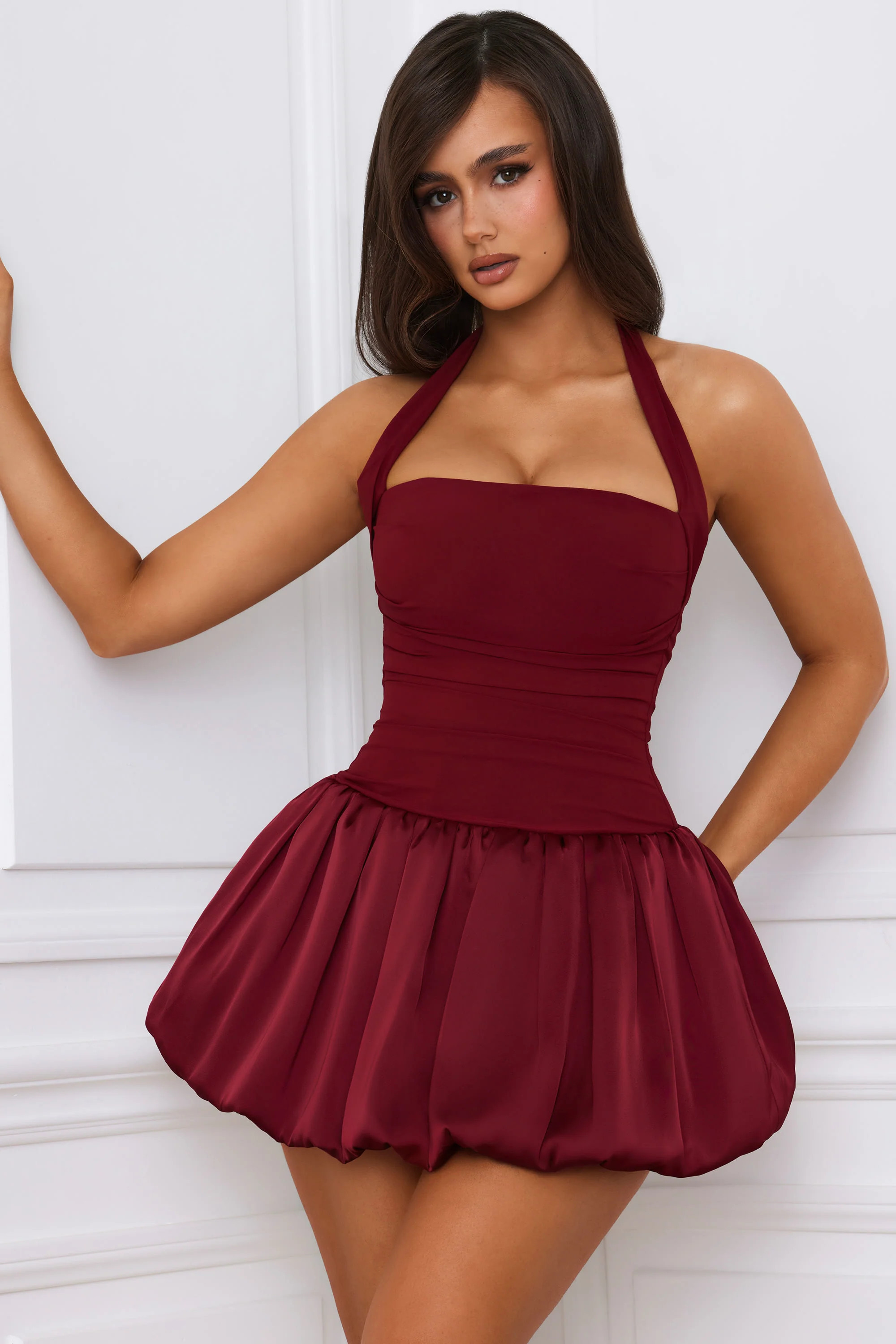 Halterneck Lace-Up Bubble Hem Corset Micro Mini Dress in Berry Red | Oh Polly