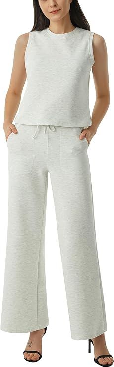AFITNE Women's 2 Piece Outfits Air Essentials Sleeveless Tank Crop Top Wide Leg Sweatpants Lounge... | Amazon (US)