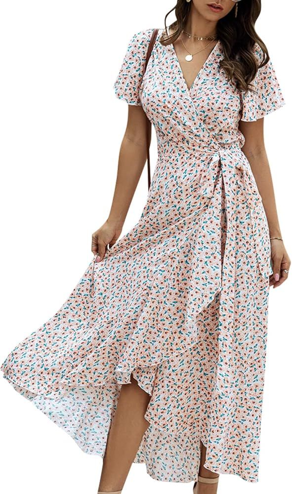 BerryGo Women's Boho V Neck Ruffle Floral Wrap Maxi Dress | Amazon (US)