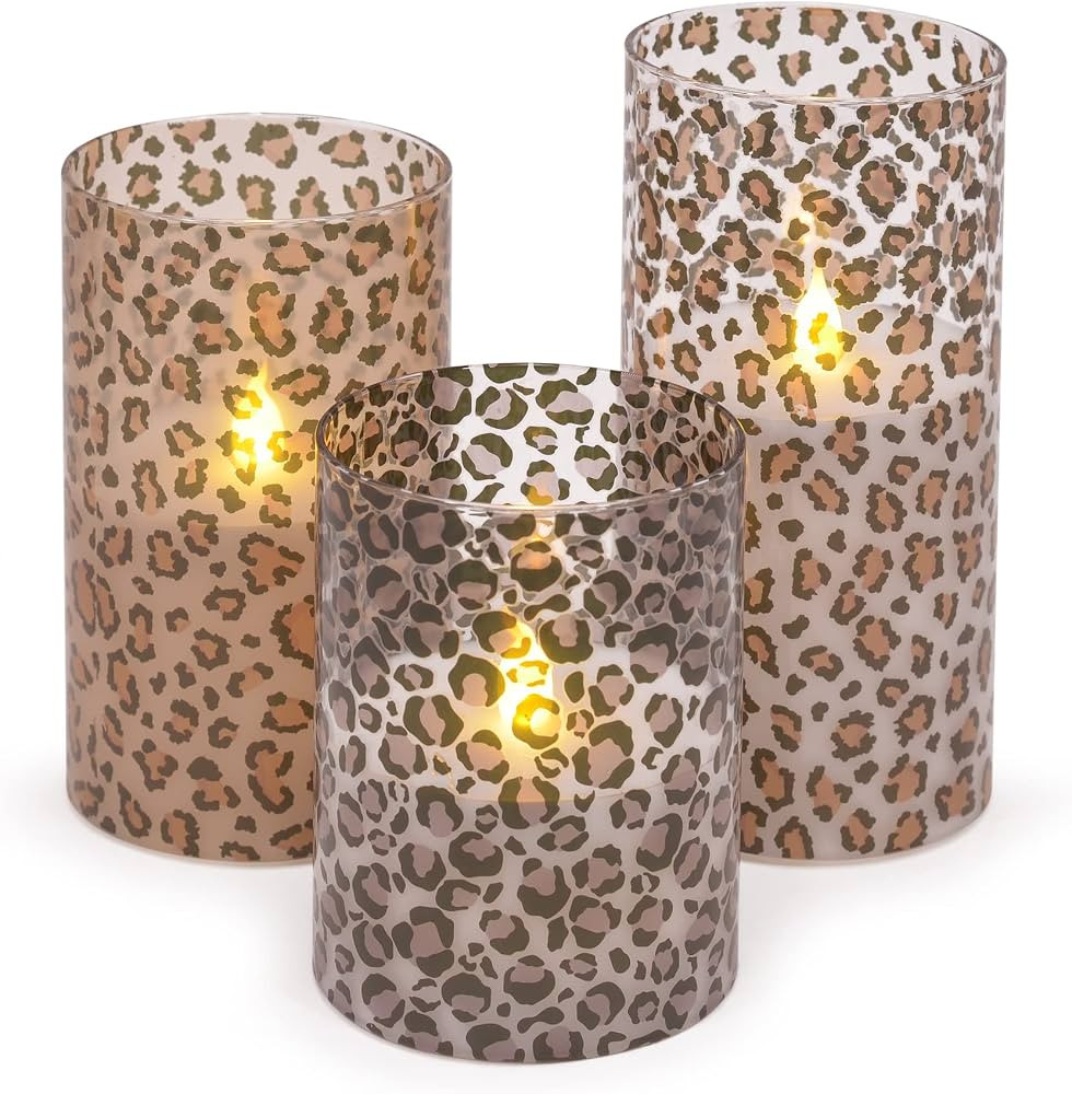 Mark Feldstein & Associates Wild Leopard Animal Print Flameless LED Glass Pillar Candles, Set of ... | Amazon (US)