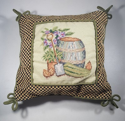 Handcrafted Petit Point Needlepoint Throw Pillow Gardening Scene | eBay US