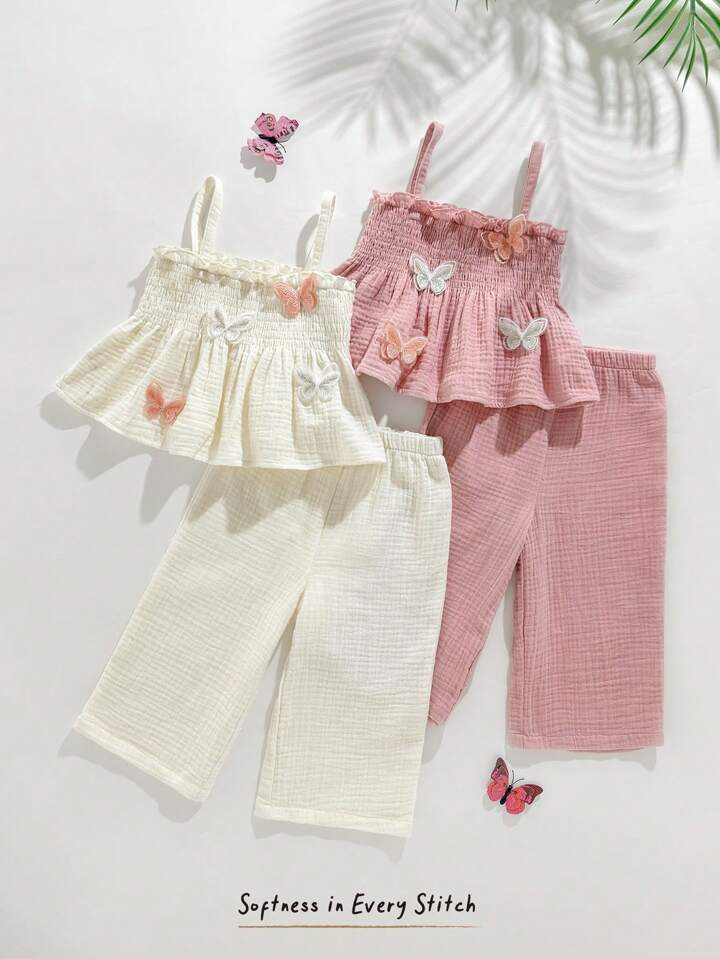 Cozy Pixies Set De 4 Piezas Para Bebé Niña, Incluye Top De Tirantes Con Lazo Y Pantalones De Cintura Elástica De Unicolor | SHEIN