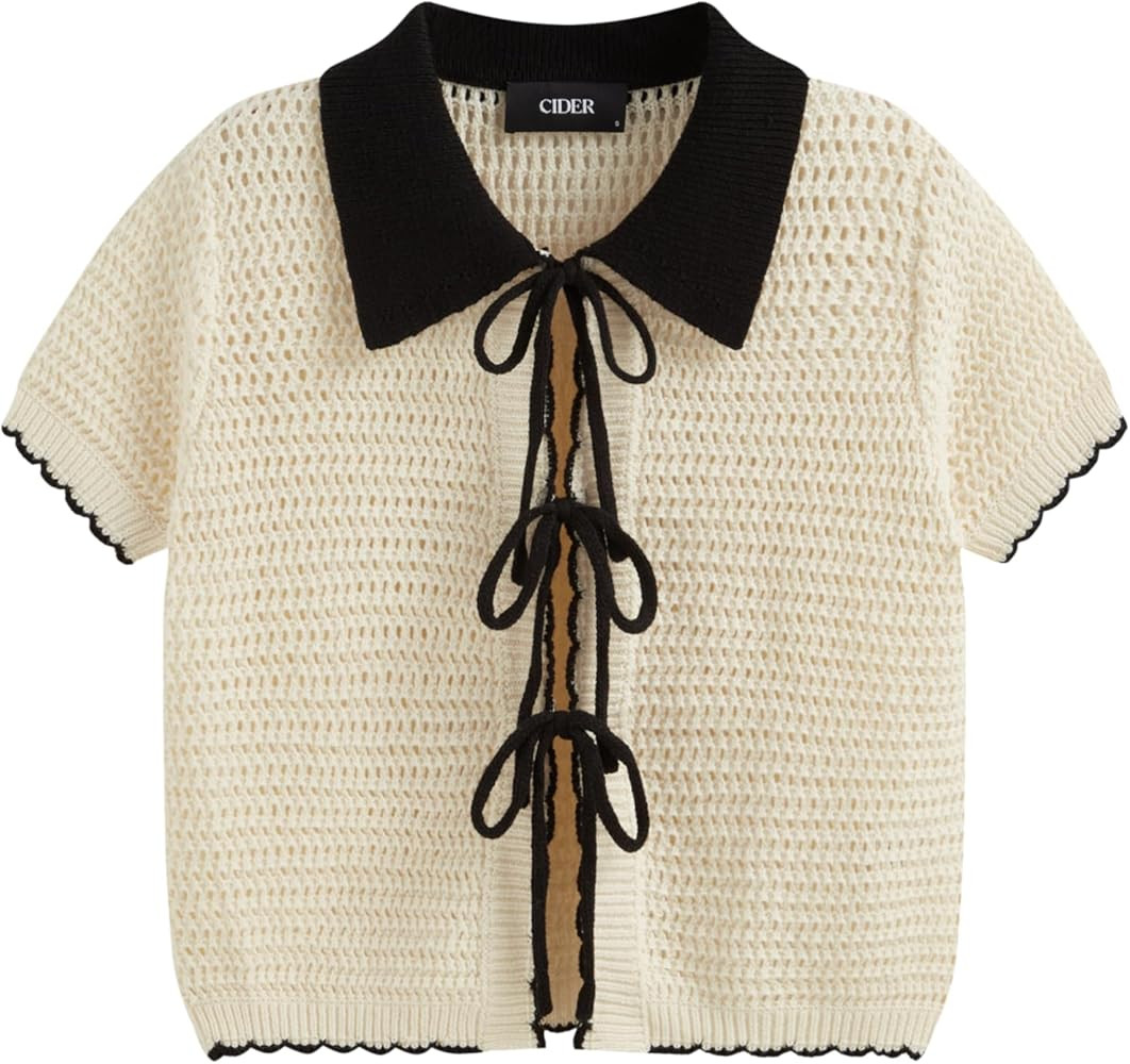 CIDER Knit Crochet Polo Collar Tie Front Bow Contrasting Binding Hollow Out Cardigan | Amazon (US)