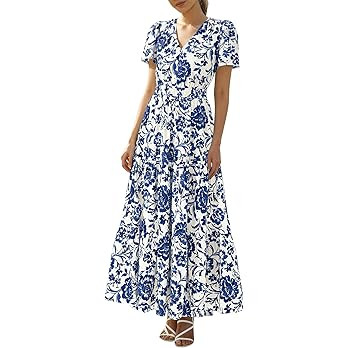 BTFBM Womens Summer Dresses 2026 V Neck Hollow Out Eyelet A Line Flowy Boho Beach Vacation Weddin... | Amazon (US)