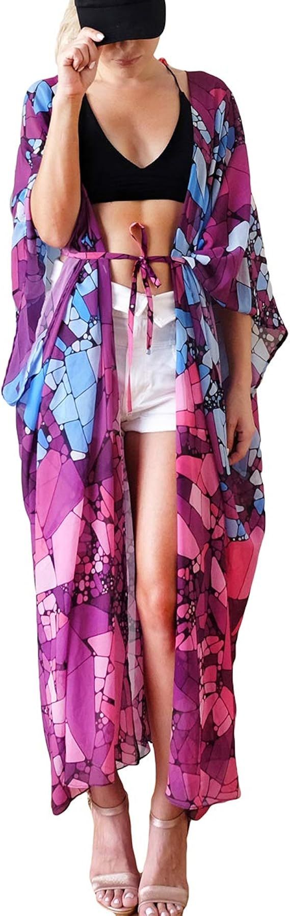 Bsubseach Purple Print Swimsuit Kimono Cardigan with Belt Short Sleeve Open Front Chiffon Bikini ... | Amazon (US)