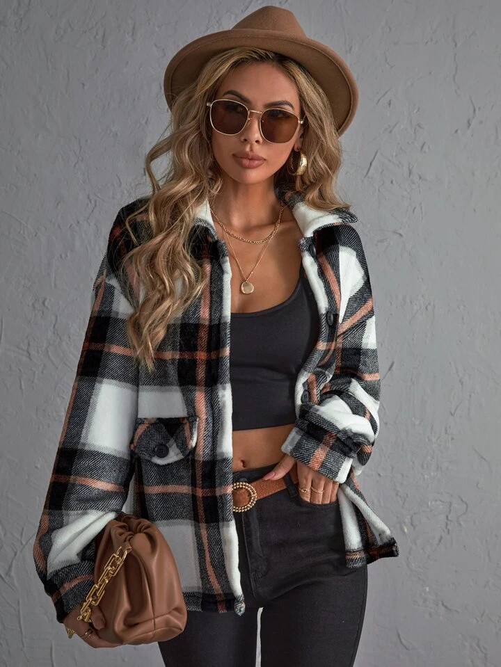 SHEIN LUNE Plaid Print Drop Shoulder Jacket | SHEIN