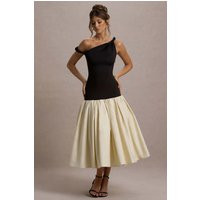 Whitley | Black & Cream Twist-Neck Drop-Waist Midi Dress | Club L London