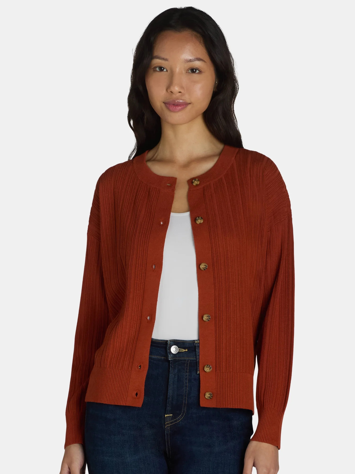 Time and Tru Women's Fine Gauge Rib Crew Cardigan with Long Sleeves, Sizes XS-XXXL | Walmart (US)