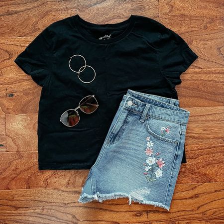 Black cropped tee (sized up one) paired with embroidered cutoff denim shorts (TTS). Easy summer outfit  

#LTKSeasonal #LTKstyletip #LTKunder50