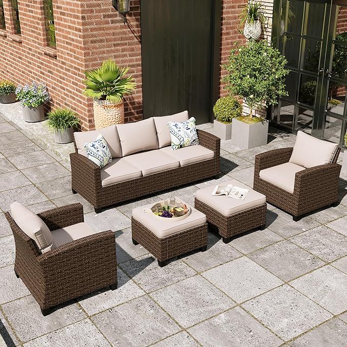 Patio Furniture Set, 5 Pcs Wicker Outdoor Conversation Set, 2 x Single Chairs, 1 x 3 Seater Sofa ... | Amazon (US)