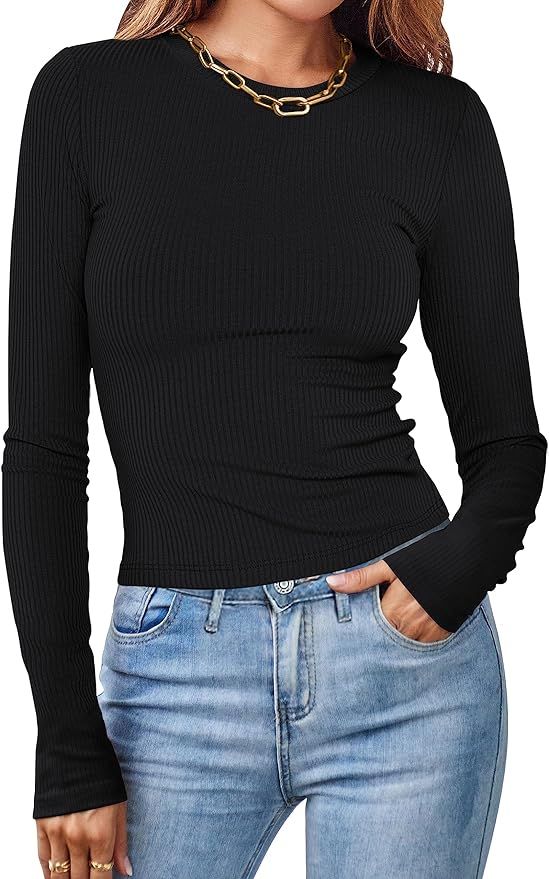 MEROKEETY Women's Long Sleeve Slim Fit Crop Shirt Ribbed Knit Tops Casual Round Neck Y2K Tees | Amazon (US)