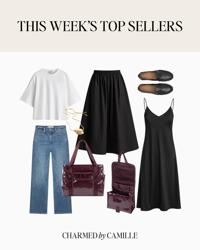 This week’s most-loved pieces! From easy wardrobe staples like a white tee, poplin skirt, and slip dress to the jeans, flats, and travel bags you’ve been shopping on repeat. So many good pieces to wear now and carry into fall! 

 