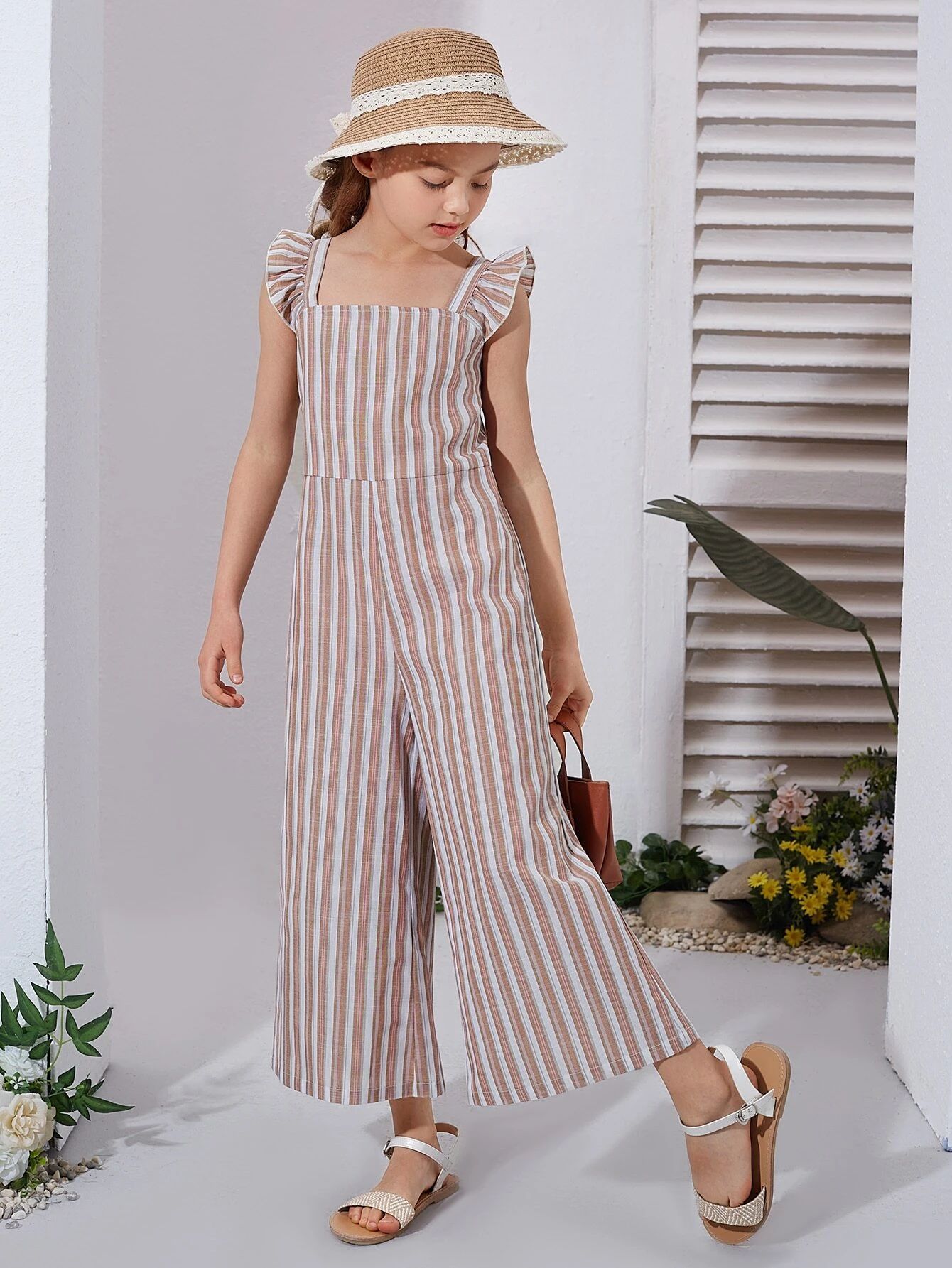 SHEIN Girls Striped Print Butterfly Sleeve Jumpsuit | SHEIN