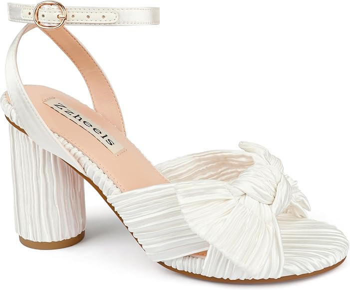 Zzheels Women's Bow Knot Heeled Sandals Open Toe High Block Ankle Strap Chunky Heels Bride Weddin... | Amazon (US)