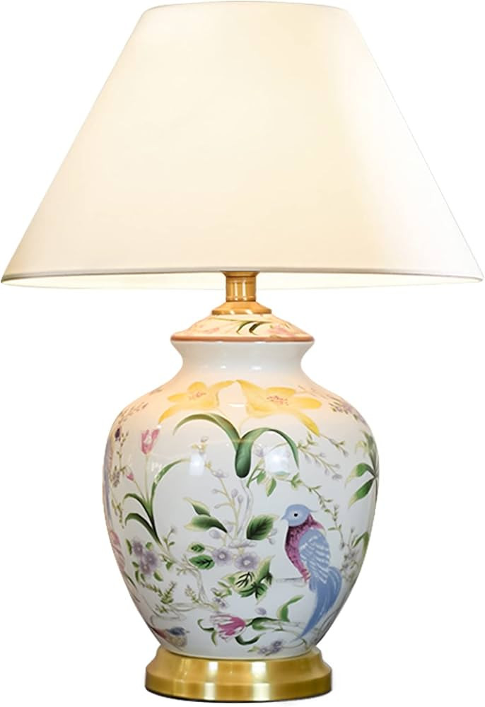 Chinoiserie Ceramic LED Table Lamp, American Flower&Bird Bedside Lamp, Classic White Fabric Lamps... | Amazon (US)