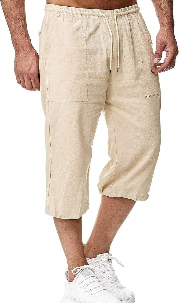 HangNiFang Men's Long Linen Shorts Below Knee Pocketed 3/4 Summer Drawstring Capri Pant | Amazon (US)